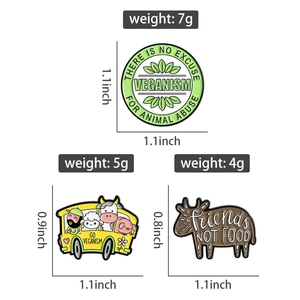 Detailed dimensions and weight of Veganism enamel pins featuring animals and friends slogan