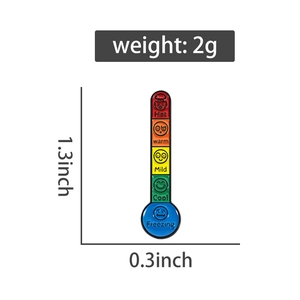 Detailed size specifications for thermometer enamel pin with 1.3-inch height measurement