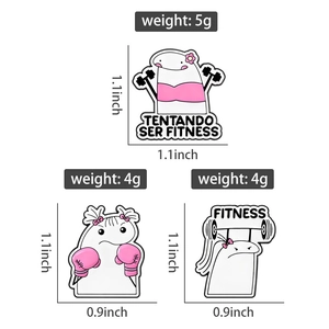 Detailed view of three Flork fitness enamel pins showing weightlifting and boxing poses