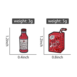 Detail view of cute pink beverage enamel pins showing exact size and weight measurements