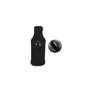 Close-up of matte black metal bottle pin back with durable rubber butterfly clutch