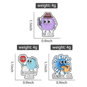 Detailed size chart showing medical cartoon cell enamel pins with weight and dimensions