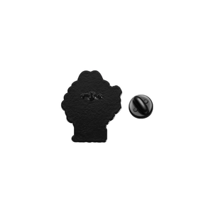 Detailed back view of enamel pin with black metal base and rubber clutch fastener