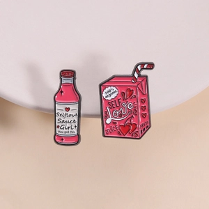 Cartoon Self Love Enamel Pin Set Sauce Bottle Juice Box Brooches Inspirational Pink Metal Badge For Backpack Shirt Accessories