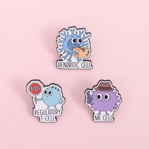 Three enamel lapel pins featuring Cells at Work anime characters on a pink background