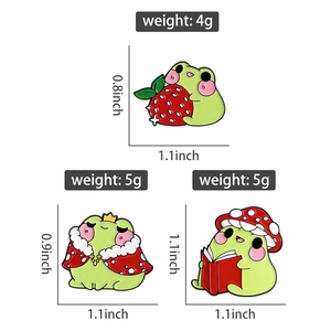 Detailed size and weight specs for cute frog enamel pins with strawberry and crown