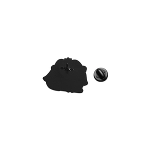 Detailed back view of a metal frog pin with a black rubber clutch on a plain background