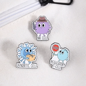 Creative cartoon immune cell enamel pin set featuring NK, Dendritic, and Regulatory T-cells