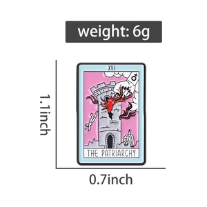 Detailed enamel tarot pin featuring pink tower design with size and weight specs