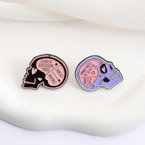 Skull enamel pins featuring existential crisis and spooky pastel snacks themes