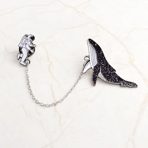 Creative enamel astronaut and whale brooch set with starfield effect and silver link chain