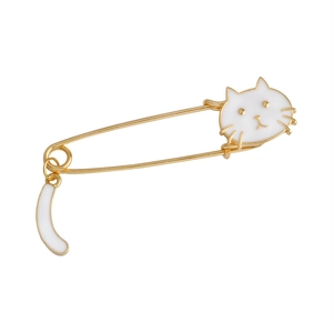 Broche chat japonaise mignonne en émail blanc avec queue oscillante sur métal doré