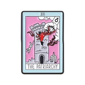 Enamel tarot card brooch with XVI The Patriarchy design in pink and blue finish