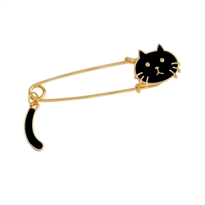 Broche chat noir cartoon dorée avec pendentif queue mobile pour décoration