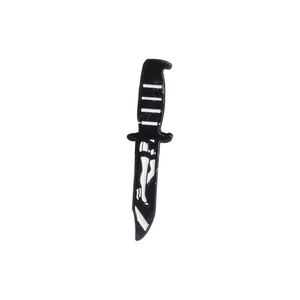 Detail view of punk dagger enamel pin featuring vintage stocking leg artwork and black finish