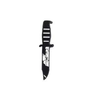 Macro detail of dagger enamel pin featuring a romantic silhouette illustration on the blade