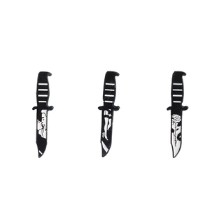 Three-piece punk enamel dagger brooch set featuring rose, legs, and lovers motifs