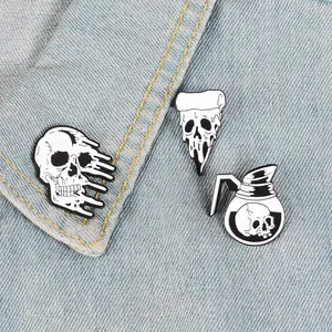 Broche en Émail Crâne Ensemble Punk Gothique Pizza Cafetière Os Fondant Badge pour Sac à Dos Veste Denim
