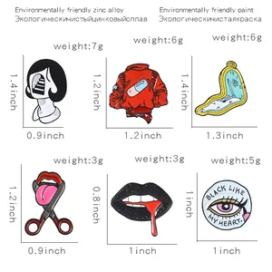 Detailed size chart for artistic enamel pins showing dimensions and weights of six designs