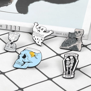 Punk enamel pins set featuring skeleton cat, hourglass and ghost designs for jackets