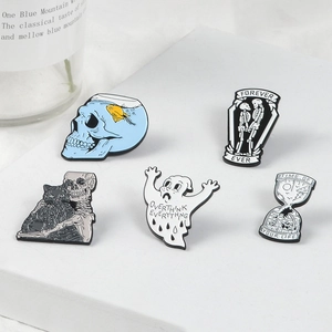 Five-piece punk enamel lapel pin set featuring skull hourglass and ghost cat designs
