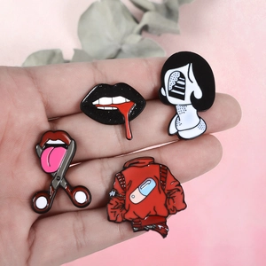 Set of 4 creative enamel pins featuring eye, lips, and abstract art designs for clothing
