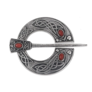 Vintage silver Viking penannular brooch with Celtic knots and red ruby gemstone inlays