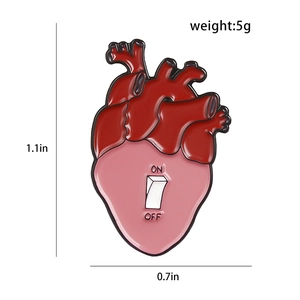 Creative anatomical heart enamel pin with on-off switch toggle, 1.1x0.7 inch red brooch