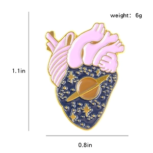 Creative enamel heart pin featuring cosmic galaxy stars and planets for denim jackets