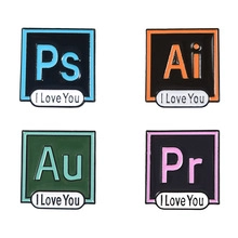 Detailed close-up of Adobe-inspired enamel pins set with I Love You text accents