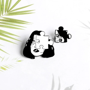 Creative enamel brooch set featuring a puzzle-style female face silhouette and piece