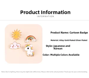 Detailed view of four colorful enamel badges including rainbow, sun, cloud and unicorn designs