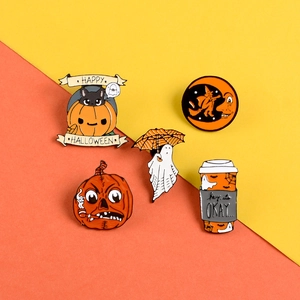 5-piece Halloween enamel pin set with black cat, pumpkin, witch, and ghost motifs