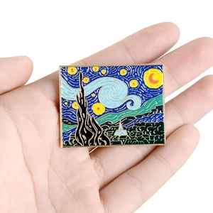 Artistic Van Gogh Starry Night enamel brooch with gold-plated metal frame for women