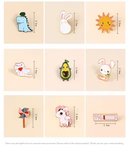 Detailed view of assorted cartoon enamel pins with precise dimensions and various cute designs
