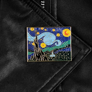 Artistic Van Gogh Starry Night enamel pin badge with gold-plated rectangular frame