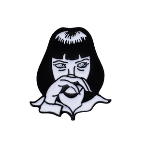 Gothic punk Mia Wallace enamel brooch in black and white minimalist style for clothing