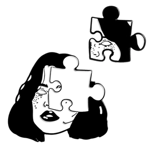 Creative black and white enamel female portrait puzzle pin set with minimalist art design