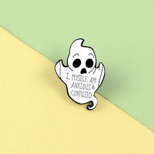 Cute white ghost enamel brooch pin with I Myself Am Anxious and Confused text label