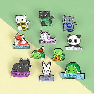 Collection of colorful cartoon animal enamel pins featuring fox, panda and funny slogans