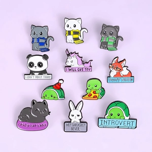 Creative alloy enamel pins featuring cute cartoon animal designs like cat, panda, and fox