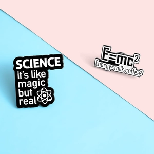 Science enamel pins set featuring atoms and E=mc2 milk coffee creative physics slogans