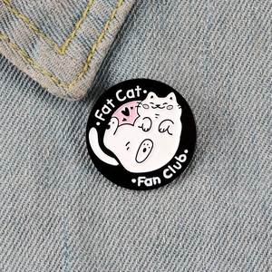 Cute Fat Cat Fan Club enamel pin brooch on blue denim jacket for cat lovers
