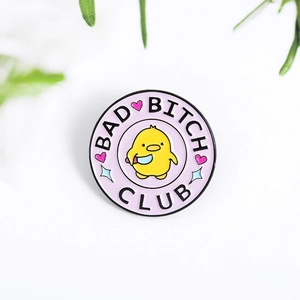 Funny cartoon chick enamel pin with Bad Bitch Club text on a pink round badge