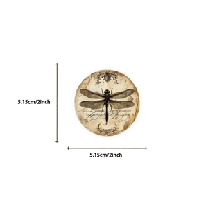 Detail of 2-inch vintage dragonfly PET sticker with dimensions of 5.15cm shown clearly