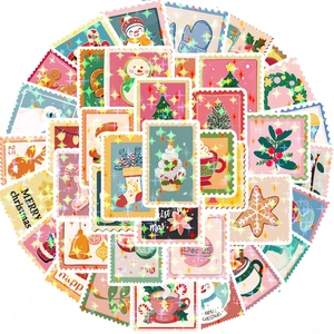 Set de stickers timbres de Noël avec motifs renne et bonhomme de neige sur fond blanc