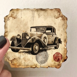 Vintage art PET sticker featuring a black classic car with distressed burnt edges