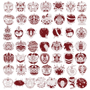 Detailed close-up of 49 gothic red apple PET stickers with dark surrealist art motifs