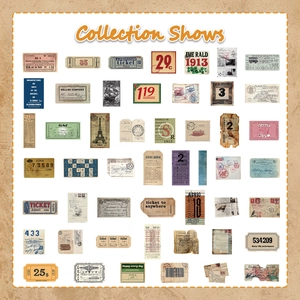 Detailed flat lay of vintage style paper stickers featuring retro movie tickets and labels