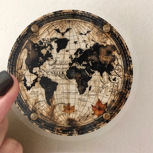 Vintage world map PET stickers with bat and maple leaf patterns for journals